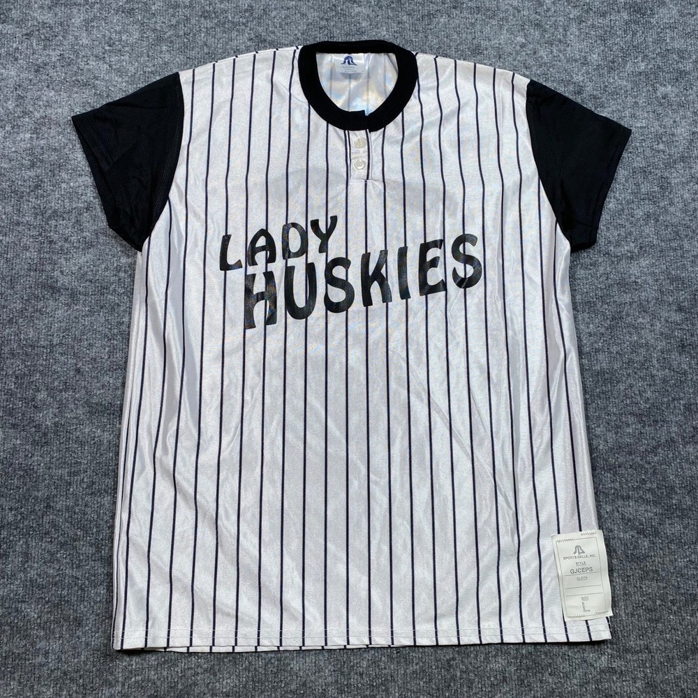 Sports Belle Lady Huskies Baseball Jersey‎ White Black Pinstripe 44 USA Large